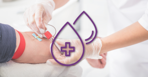 Blood drops icon overlaid on image of nurse drawing blood